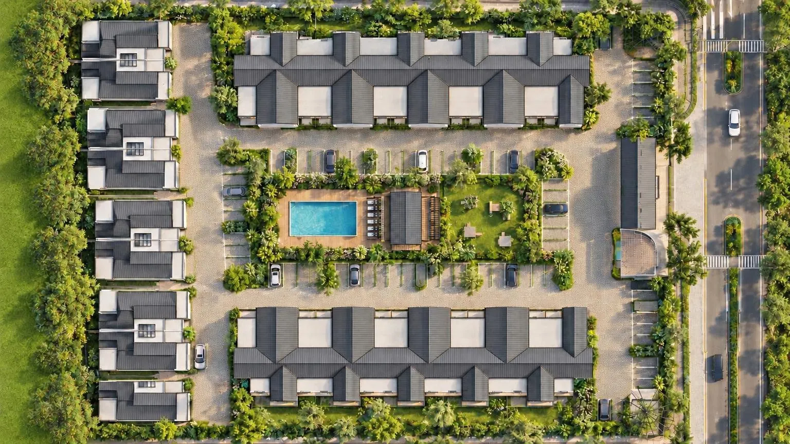 Top-down aerial render of the precinct: duplex terrace on the left, apartment blocks top and bottom, pool and clubhouse in the planted court