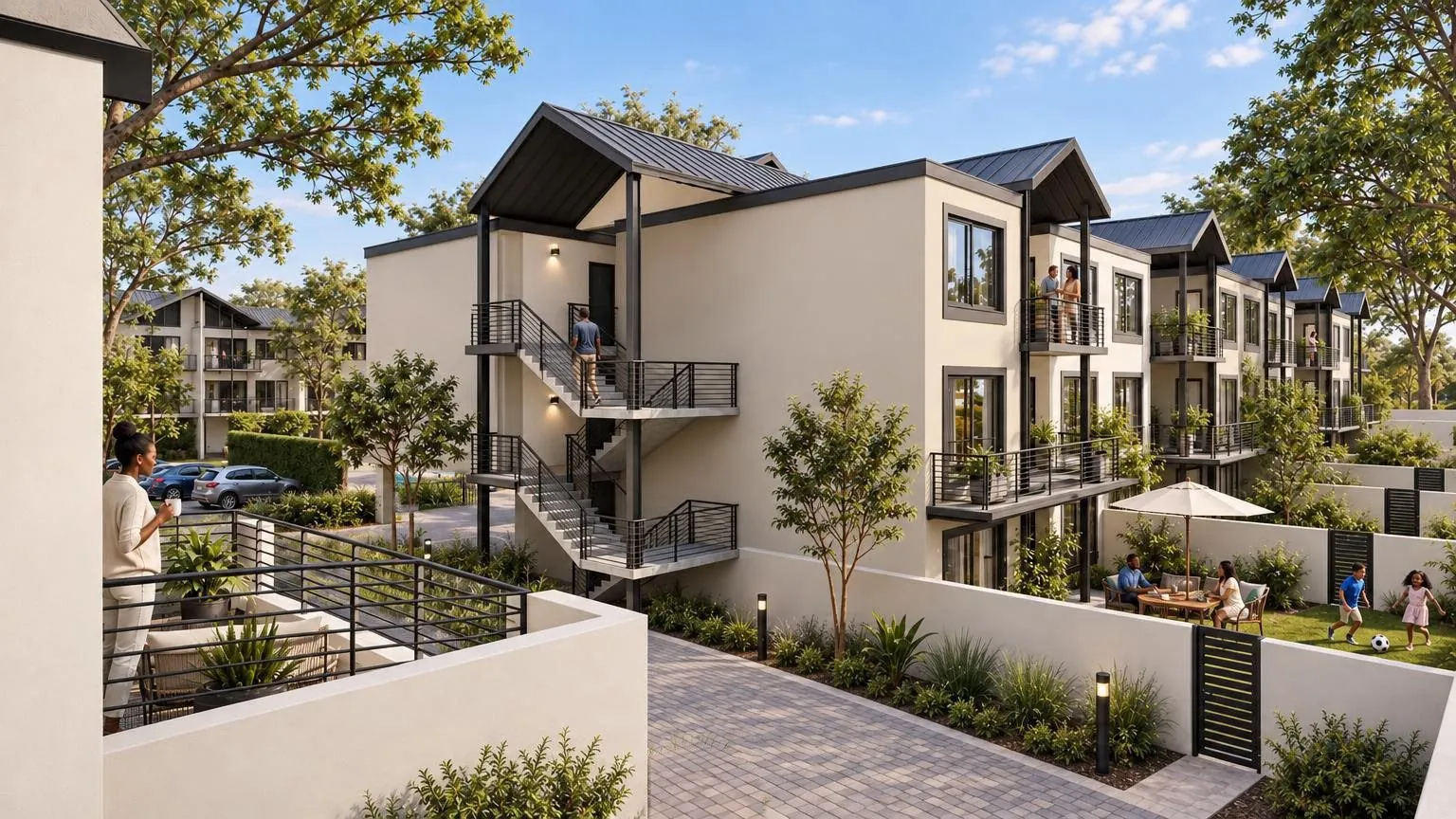 Render of an apartment block with external steel stairs, timber-lined gables and garden-level terraces