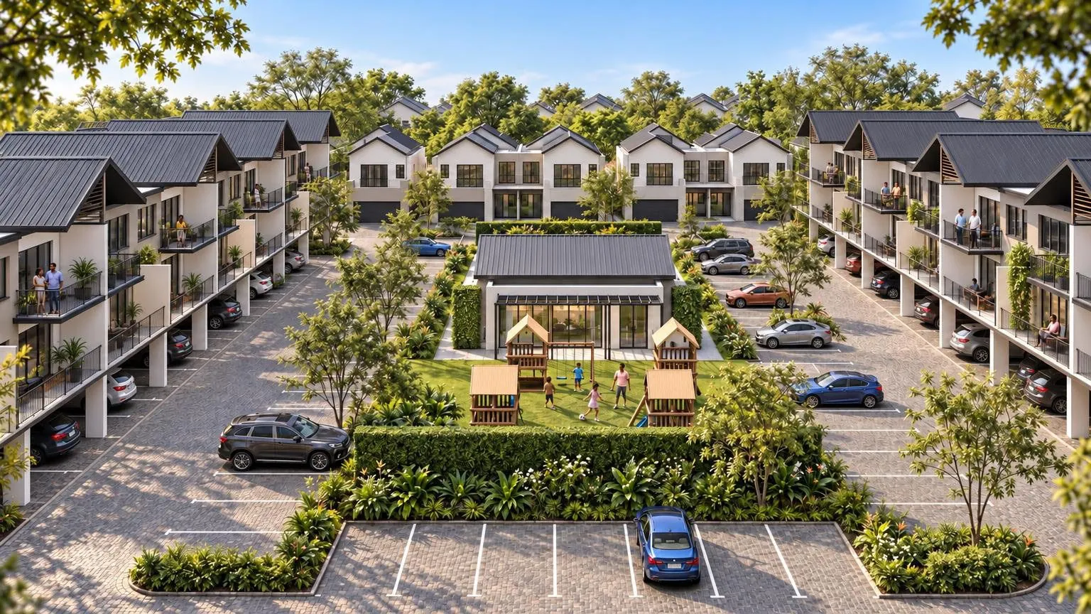 Aerial render looking down the Eastpark courtyard, with the clubhouse and play area at its centre and three-storey blocks either side