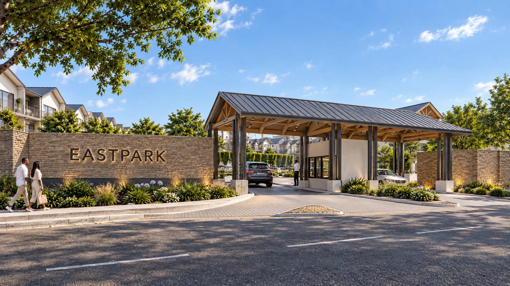 Daytime render of the Eastpark gatehouse with stone signage wall and timber-framed pitched canopy