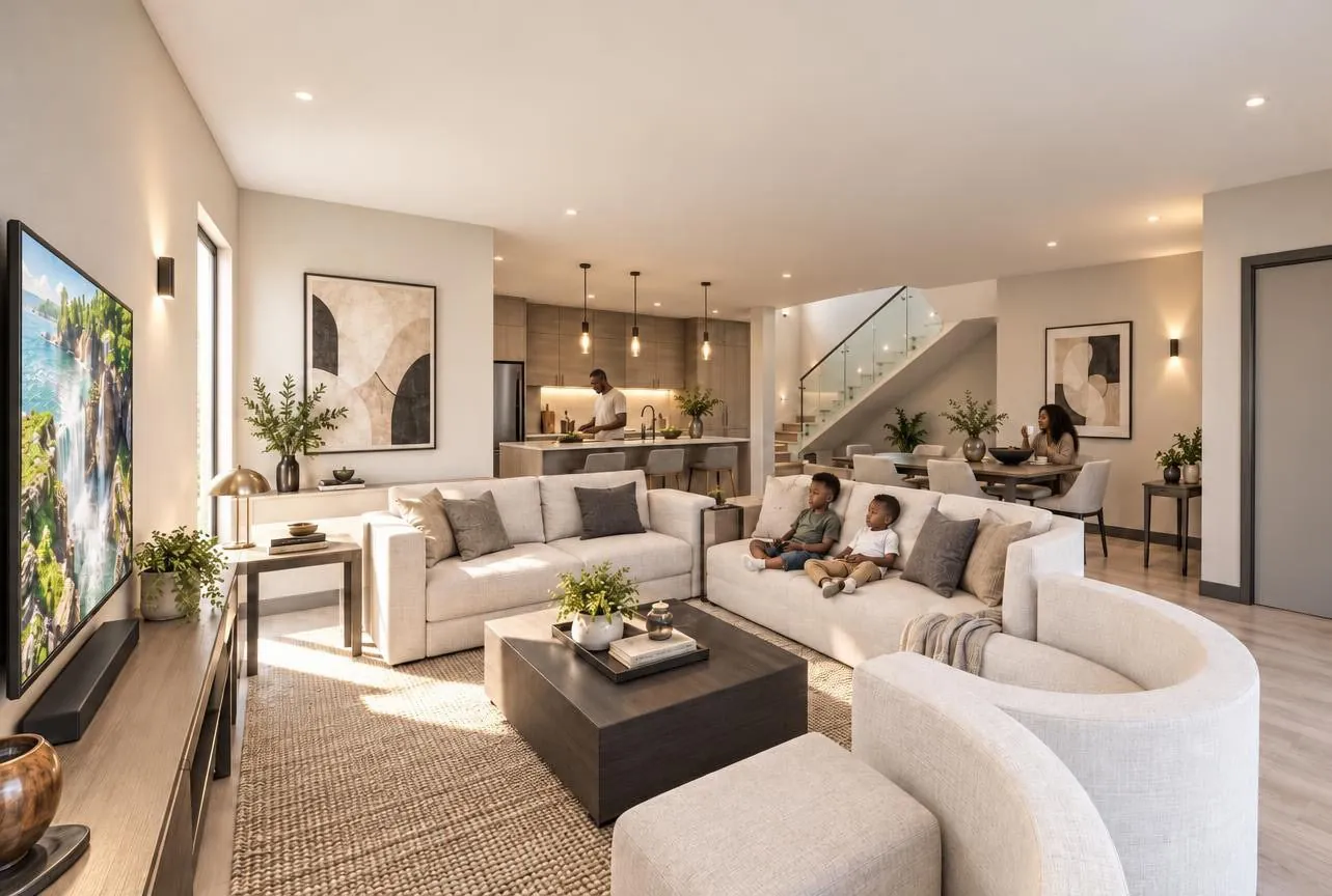 Duplex lounge with the kitchen and the stair beyond