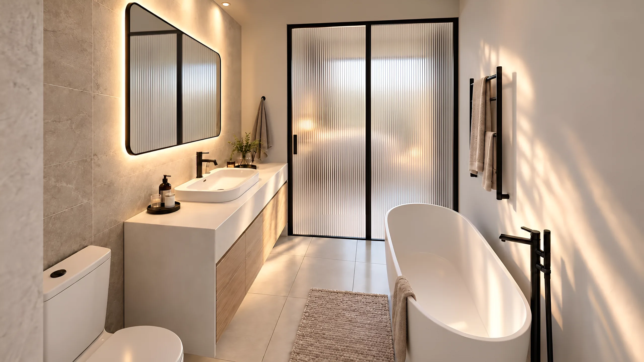 Bathroom with freestanding bath, backlit mirror over a timber vanity, and a fluted glass sliding door