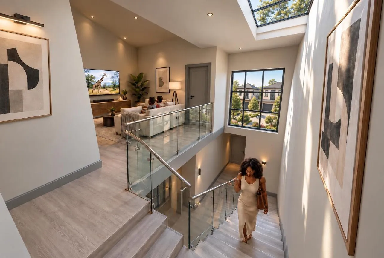 View down the stair from the upper landing, lit by a rooflight
