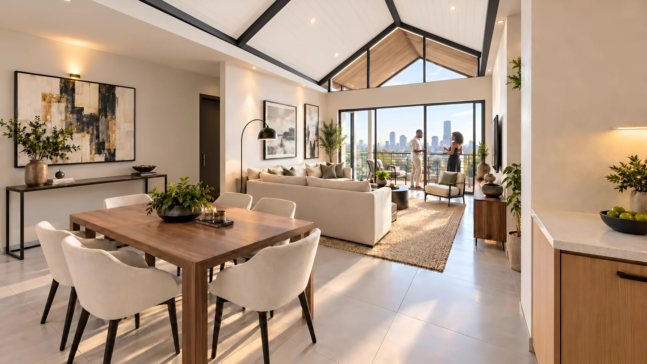 Top floor apartment living and dining room under a timber-lined gable ceiling, opening onto a balcony
