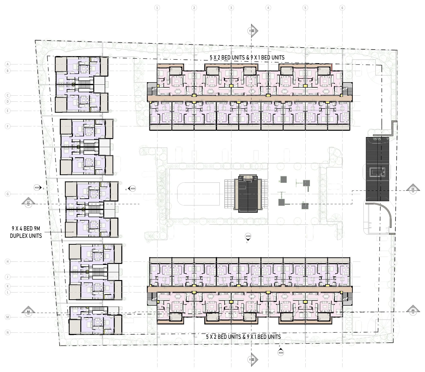 First floor plan showing five 2-bed and nine 1-bed units per apartment block