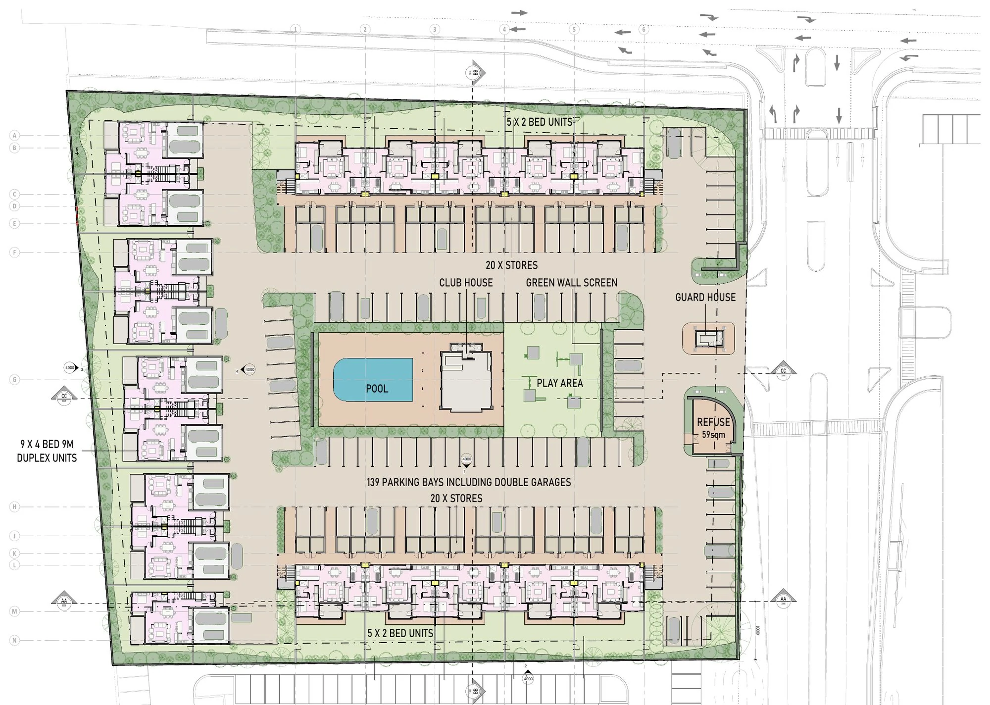 Ground floor plan with pool, clubhouse and play area at the centre, nine duplexes on the west edge and 139 parking bays