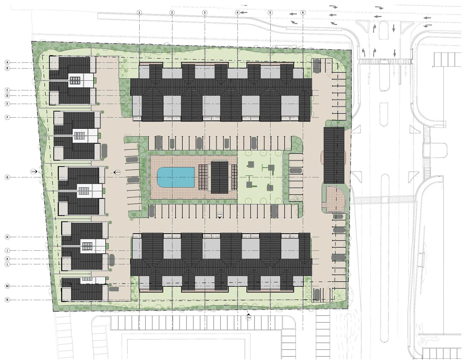 Roof and site plan showing pitched roofs around the landscaped court