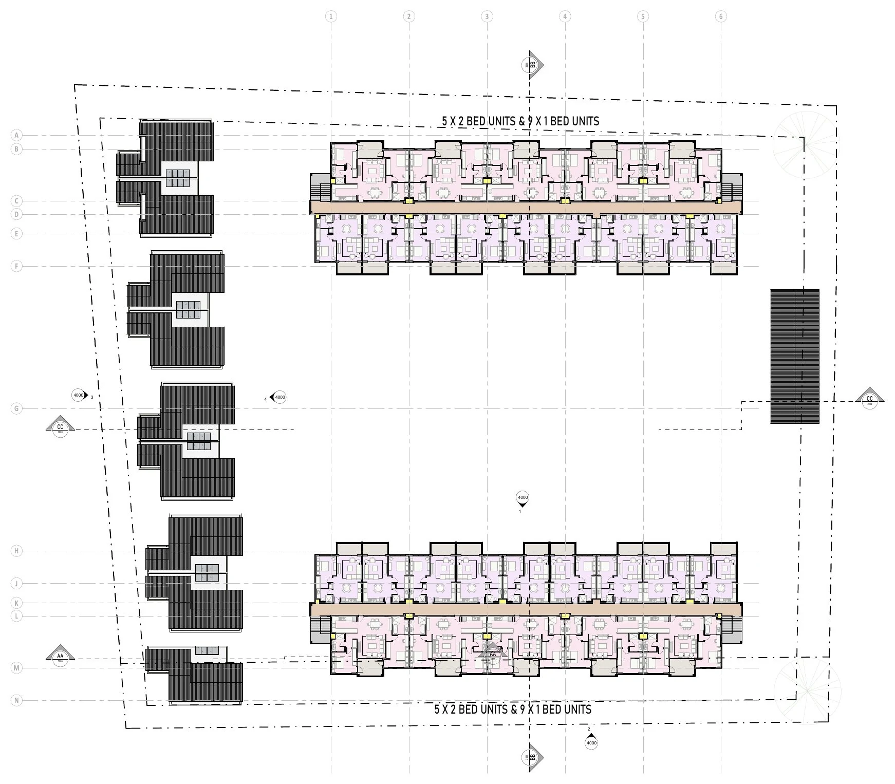 Second floor plan showing five 2-bed and nine 1-bed units per apartment block