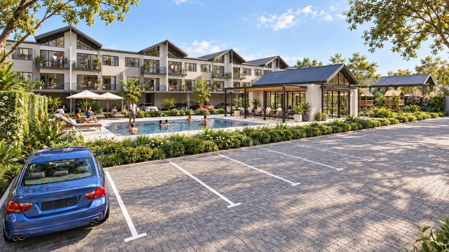 Render of the pool deck and clubhouse with residents at the water