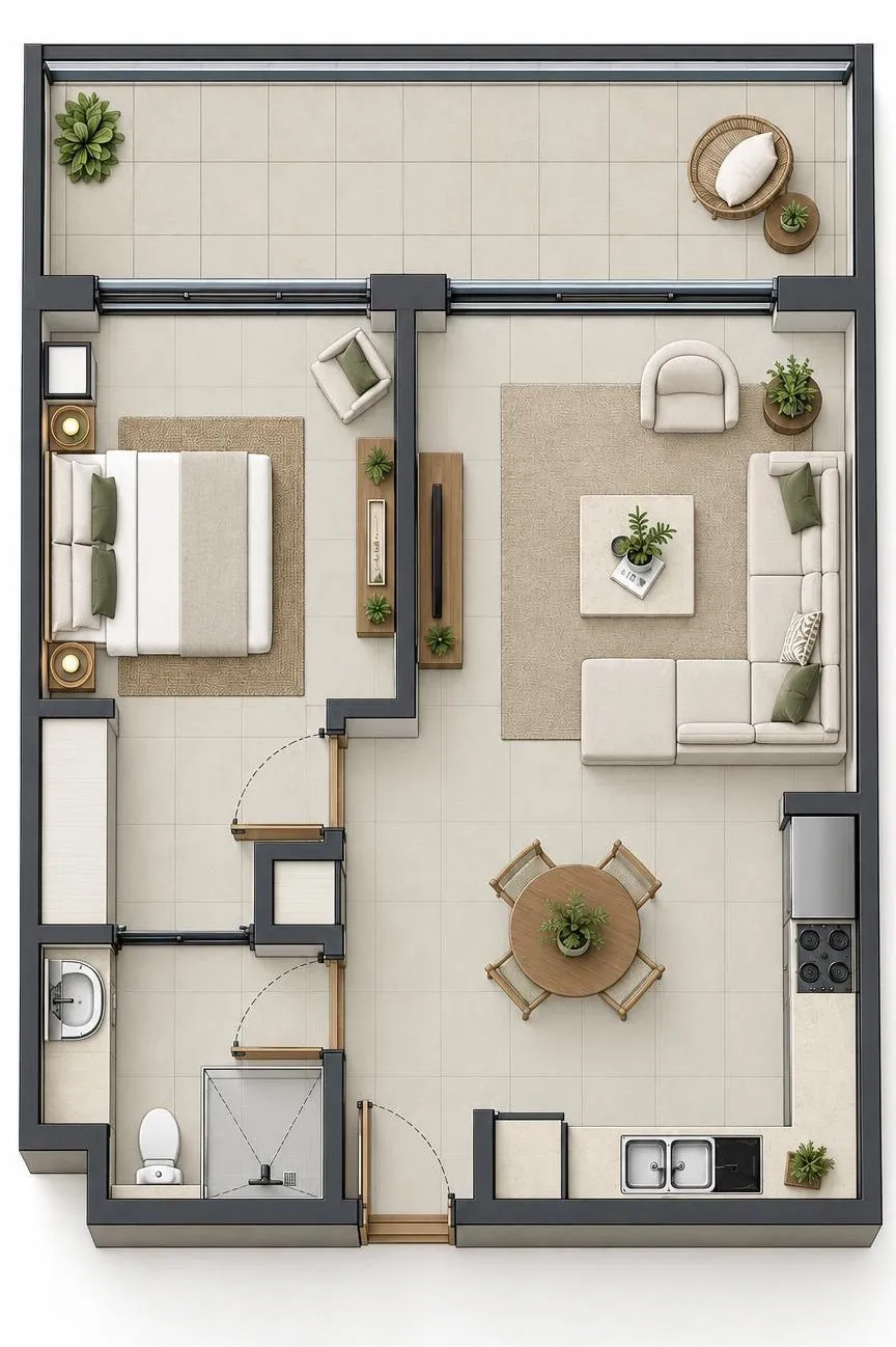 Rendered plan of the 1-bed apartment, Type 1 option 2