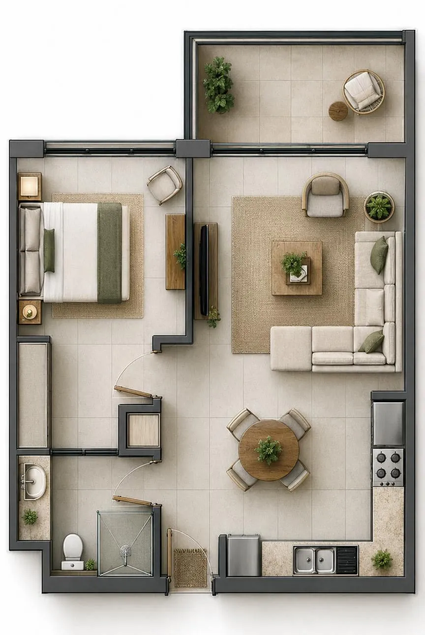 Rendered plan of the 1-bed apartment, Type 1 option 3