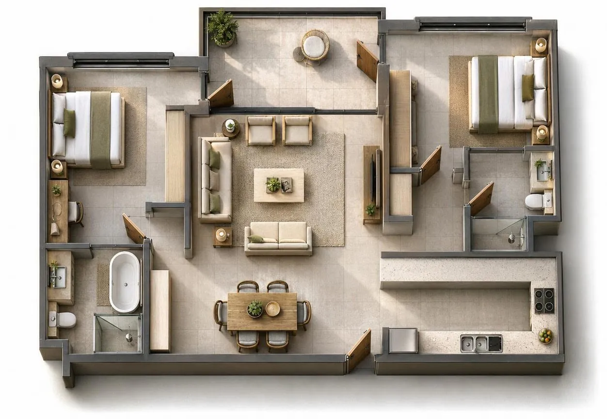 Rendered plan of the 2-bed apartment, Type 2 option 2