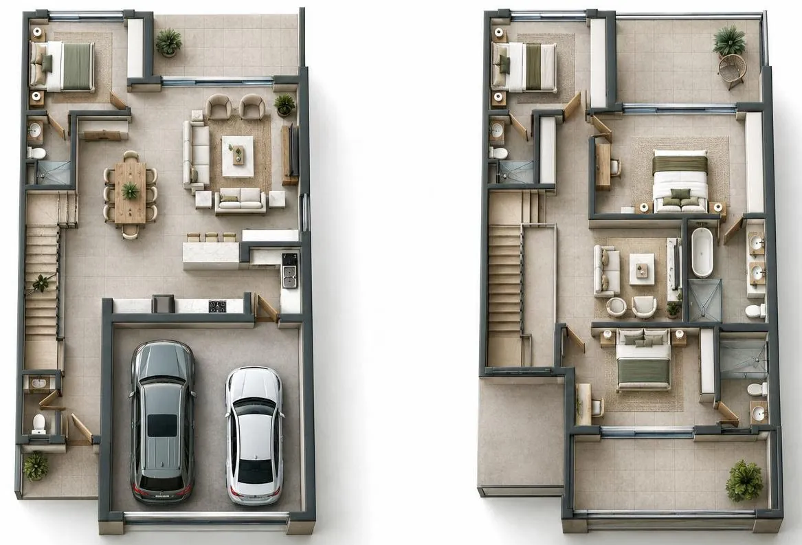 Rendered ground and first floor plans of the 4-bed Type 8 duplex with double garage